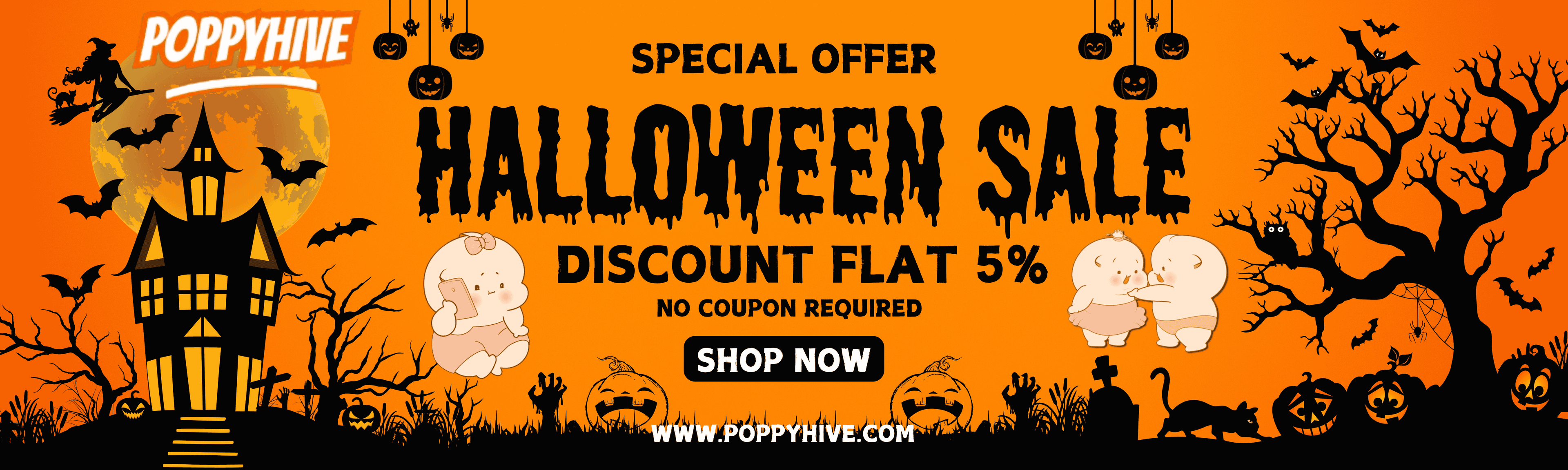 Halloween sale banner with spooky elements and discount offer on an orange backgroun